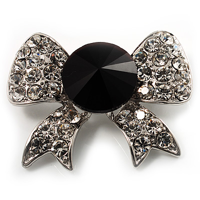 Smart Crystal Bow Brooch (Silver,Clear&Black) - main view