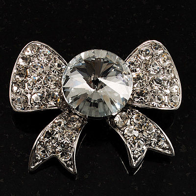 Smart Crystal Bow Brooch (Silver&Clear) - main view