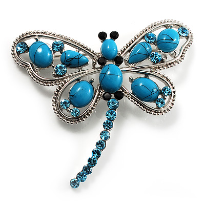 Turquoise Stone Crystal Butterfly Brooch - main view