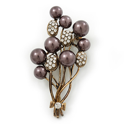 Faux Pearl Floral Brooch (Antique Gold & Brown) - main view