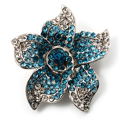 Small Sky Blue Diamante Flower Brooch (Silver Tone) - main view