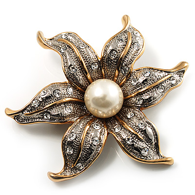 Stunning Vintage Crystal Flower Brooch (Gold&Silver Tone) - main view