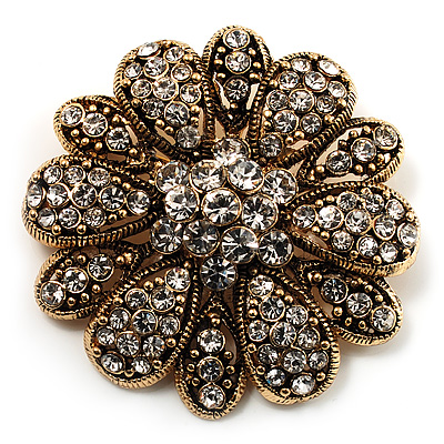 Vintage Clear Crystal Floral Brooch in Aged Gold Tone Metal - 40mm D - main view