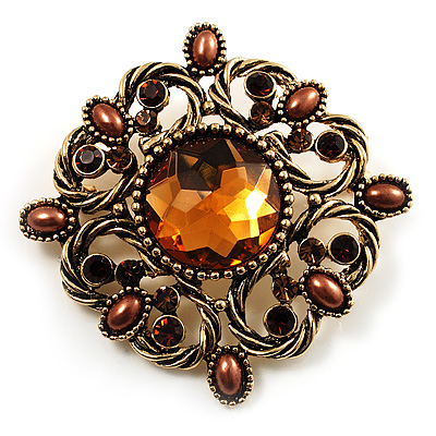 Vintage Filigree Crystal Brooch (Antique Gold & Amber Coloured) - main view