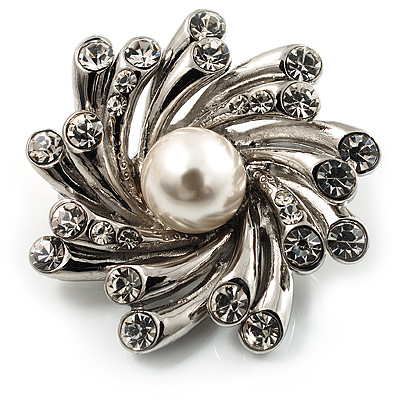Small Diamante Faux Pearl Floral Brooch (Silver Tone) - main view