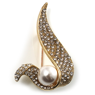 Modern Diamante Faux Pearl Leaf Brooch (Gold Tone)