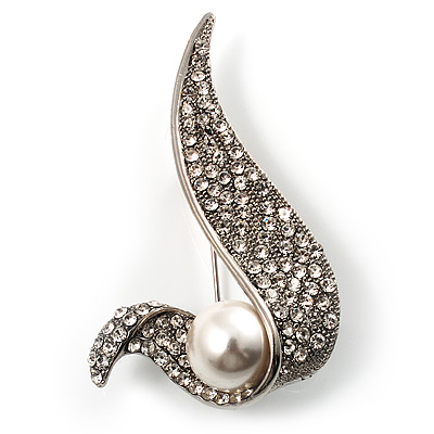 Modern Diamante Faux Pearl Leaf Brooch (Silver Tone)