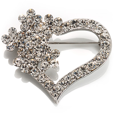 Open Diamante Floral Heart Brooch (Silver Tone)