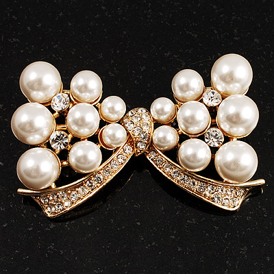 Imitation Pearl Diamante Bow Brooch (Gold Tone) - main view