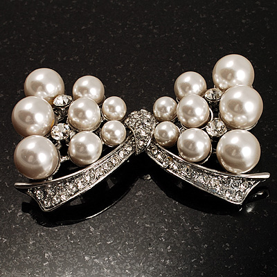 Imitation Pearl Diamante Bow Brooch (Silver Tone) - main view