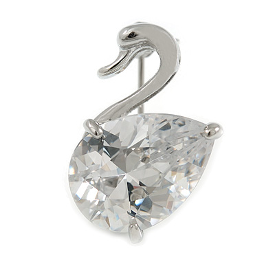 Tiny Glass Swan Pin Brooch (Silver Tone) - main view