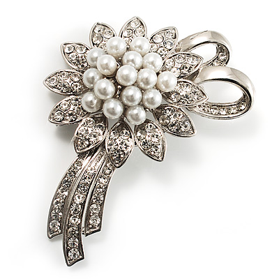 Delicate Faux Pearl Bridal Floral Brooch (Silver Tone) - main view