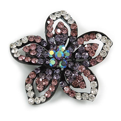 Five Petal Diamante Floral Brooch (Black&Purple) - main view
