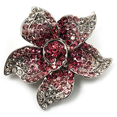 Small Pink Diamante Flower Brooch (Silver Tone) - main view