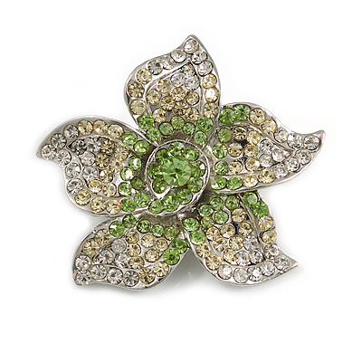 Small Green Diamante Flower Brooch (Silver Tone)
