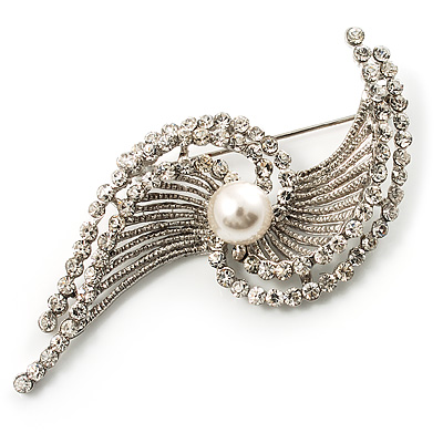 Twirl Crystal Simulated Pearl Brooch (Silver Tone) - main view