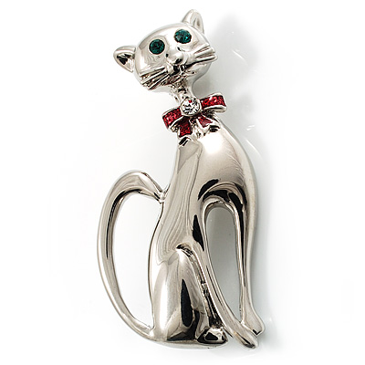 Silver Tone Cat With Red Bow - main view