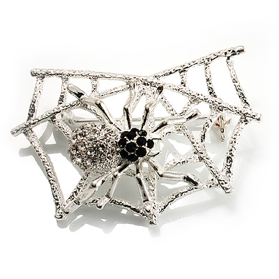 Silver Tone Spider And Web Diamante Brooch