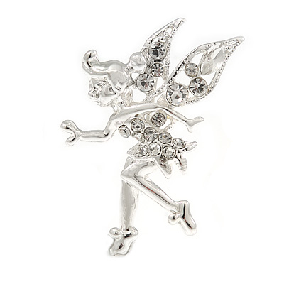 Magical Fairy With Clear Crystal Wings Brooch (Silver Tone) - main view