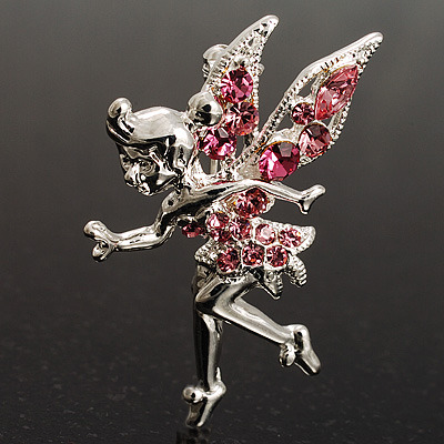 Magical Fairy With Pink Crystal Wings Brooch (Silver Tone) - main view