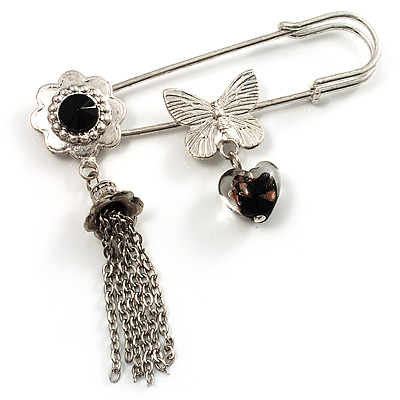 Flower, Tassel, Butterfly And Heart Safety Pin Brooch (Silver Tone) - main view