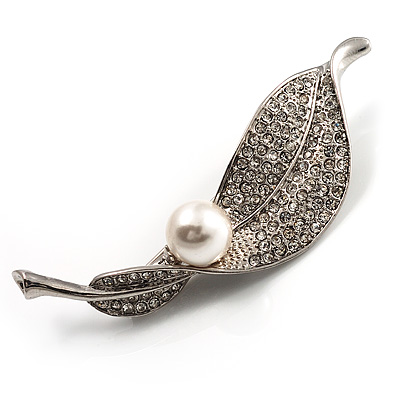 Exquisite Crystal Simulated Pearl Leaf Brooch (Silver Tone)