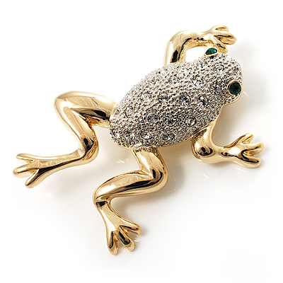 Crystal Leaping Frog Brooch (Gold Tone) - main view