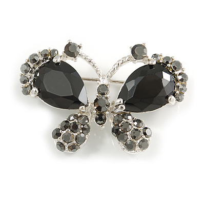 Small CZ Butterfly Brooch (Silver&Jet Black) - main view