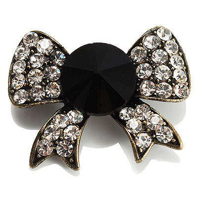 Vintage Crystal Bow Brooch (Antique Gold, Clear&Black) - main view