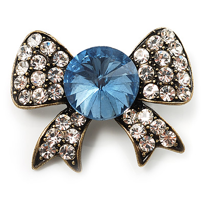 Vintage Crystal Bow Brooch (Antique Gold, Clear&Blue) - main view