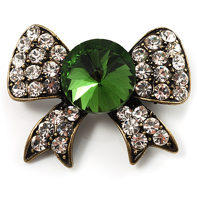 Vintage Crystal Bow Brooch (Antique Gold, Clear&Emerald Green) - main view