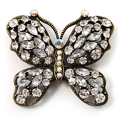 Antique Bronze Diamante Butterfly Brooch - main view