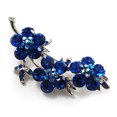 Top Grade Austrian Crystal Floral Brooch (Silver Tone & Sapphire Coloured) - 55mm Long - main view