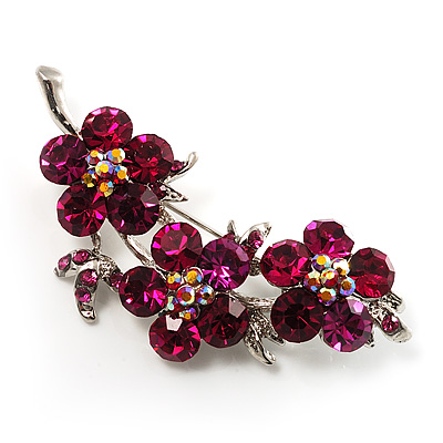 Statement Crystal Floral Brooch (Silver&Cranberry) - 55mm Across