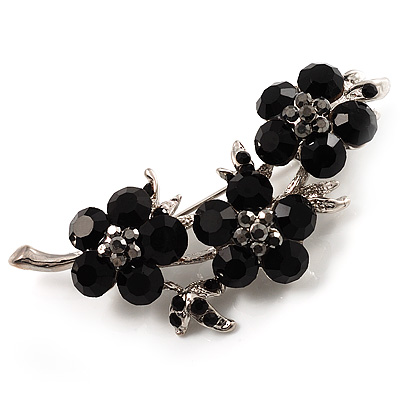 Crystal Floral Brooch (Silver&Jet Black) - main view