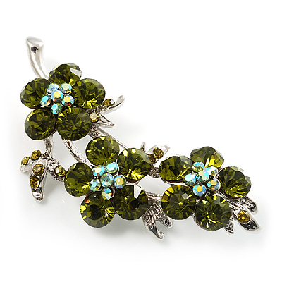 Crystal Floral Brooch (Silver&Olive Green) - main view