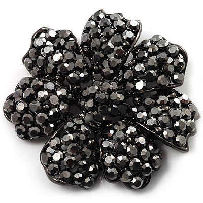 Iridescent Black Crystal Corsage Flower Brooch (Black Tone) - main view