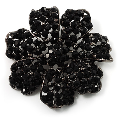 Jet-Black Crystal Corsage Flower Brooch (Black Tone Metal)