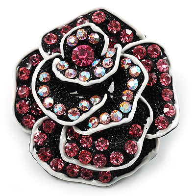 Romantic Vintage Dimensional Crystal Rose Brooch (Black&Pink) - main view