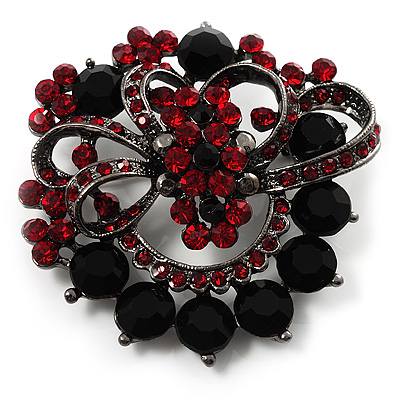 Red & Jet-Black Diamante Corsage Brooch (Black Tone)