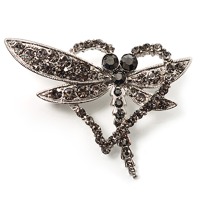 Ash Grey Crystal Butterfly And Heart Brooch (Silver)