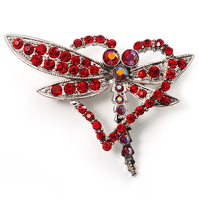 Bright Red Crystal Butterfly And Heart Brooch (Silver Tone) - main view