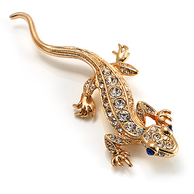 Crystal Lizard With Black Eyes Brooch (Gold Tone) - main view