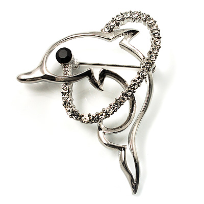 Cute Diamante Dolphin Brooch (Silver Tone) - main view