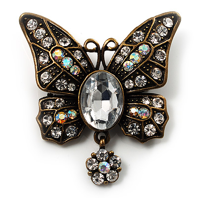 Vintage Butterfly With Dangling Floral Tail Brooch (Antique Bronze Tone) - main view
