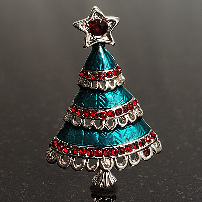 Crystal Christmas Tree Enamel Brooch (Silver, Teal-Green&Red) - main view