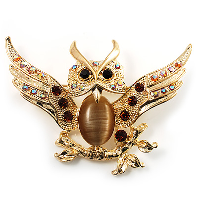 Stunning Crystal Owl Brooch (Gold Tone) - main view