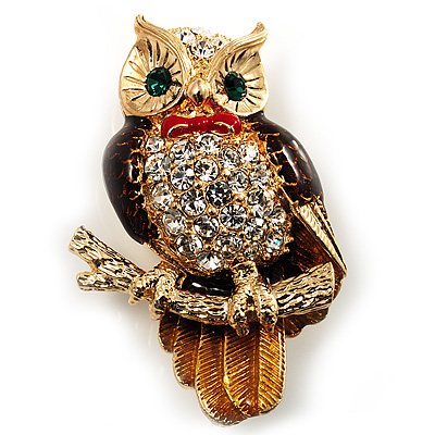 Crystal Owl With Red Bow Brooch (Gold Tone) - main view