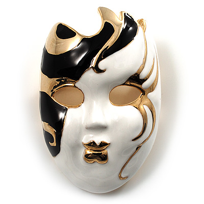 Theatrical Mask Enamel Brooch (Black&White) - main view