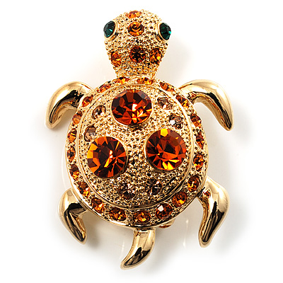 Small Amber Coloured Swarovski Crystal Turtle Brooch (Gold Tone) - main view
